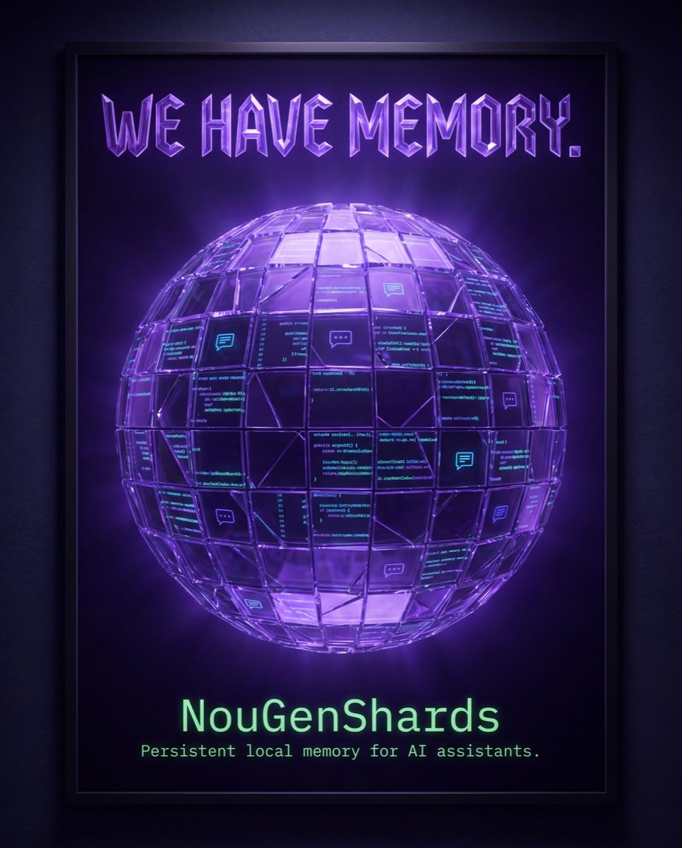 NouGenShards — a sphere of glass shards, each reflecting fragments of terminal text